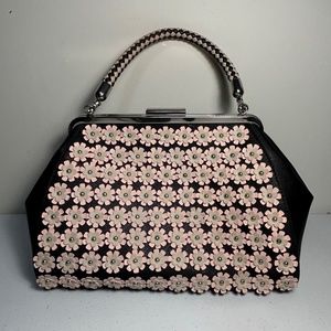 Black Catherine Malandrino Retro Style Vegan Handbag with Light Pink 3D Flowers